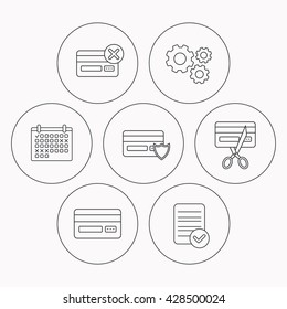 Bank credit card icons. Banking, protection and expired debit card linear signs. Check file, calendar and cogwheel icons. Vector