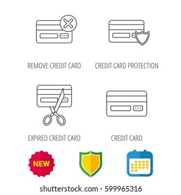 Bank credit card icons. Banking, protection and expired debit card linear signs. Shield protection, calendar and new tag web icons. Vector
