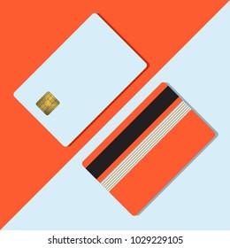 Bank Credit Card Mockup Vector Illustration. Blank Business Template On Red Background With Shadow. Payment Device Clear With Gold Metal Gradient Chip And Black Stripe. Round Corners.