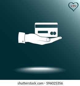 Bank credit card on hand sign icon, vector illustration. Flat design style 