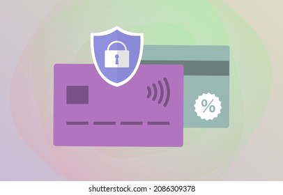 Bank Credit card with Protection Shield. Flat vector security color icon, front and back views