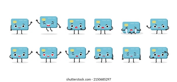 Bank credit card set cute character in cartoon style. Debit plastic card payment emoji