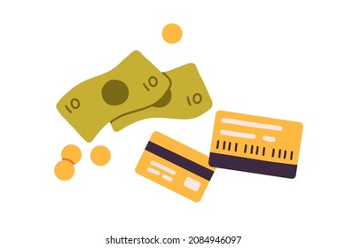 Bank credit cards, dollar banknotes and coins. Paper and plastic money composition. Different currency types. Flat vector illustration isolated on white background