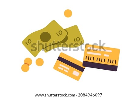 Bank credit cards, dollar banknotes and coins. Paper and plastic money composition. Different currency types. Flat vector illustration isolated on white background