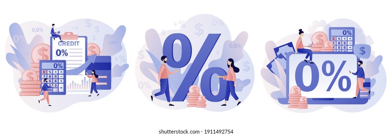 Bank credit concept. Percent, good interest rate, interest-free. Finance management. Tiny people signing loan agreement. Modern flat cartoon style. Vector illustration on white background