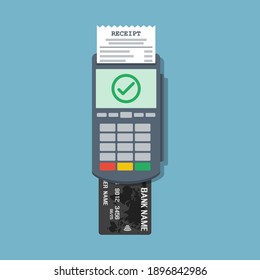 bank credit or debit card with pos terminal, successful payment flat vector illustration