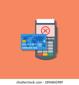 bank credit or debit card with pos terminal, failed contactless payment flat vector illustration