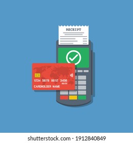 bank credit or debit card with pos terminal, successful contactless payment flat vector illustration