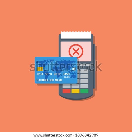 bank credit or debit card with pos terminal, failed contactless payment flat vector illustration