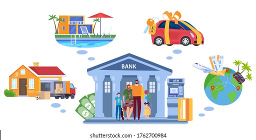 Bank credit for family dreams, concept of buying real estate and car in future, travelling on credit, bank assistance to family, isolated vector illustration. Deposit and insurance, banking money.