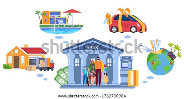 Bank credit for family dreams, concept of buying\
real estate and car in future, travelling on credit, bank\
assistance to family, isolated vector illustration. Deposit and\
insurance, banking money.