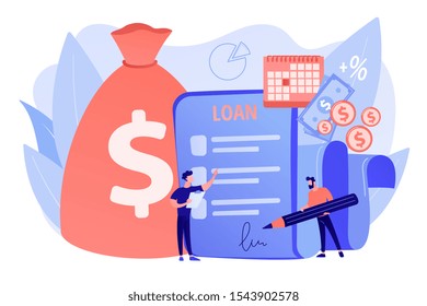 Bank credit. Finance management. Loan agreement signing. Mortgage money credit. Loan disbursement, quick loan service, easy credit program concept. Pink coral blue vector isolated illustration