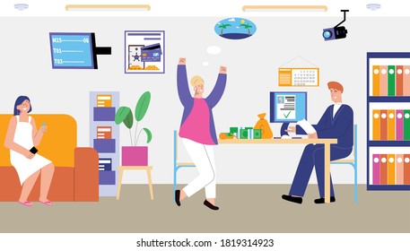 Bank credit flat concept with woman is happy that she was given credit for travel vector illustration