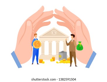 Bank Credit, Loan Payment Flat Vector Illustration. Men Holding Coin, Money Bag Cartoon Characters. Hands Shielding Banking House. Finance Investment, Deposit Withdrawal, Cash Exchange