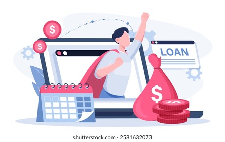 Bank credit online. Man with bag of gold coins near calendar. Financial deals and transactions. Loan and credit on internet. Banking website. Budgeting and accounting. Flat vector illustration