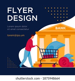 Bank customer getting loan. Man wheeling cart with cash flat vector illustration. Finance, money, banking, service concept for banner, website design or landing web page