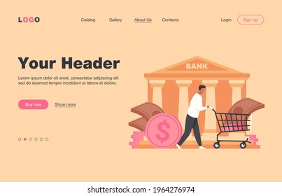 Bank customer getting loan. Man wheeling cart with cash flat vector illustration. Finance, money, banking, service concept for banner, website design or landing web page
