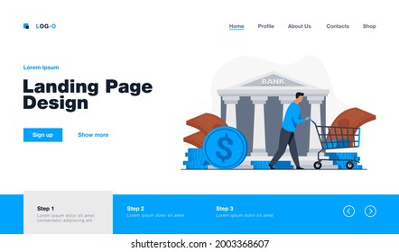Cliente bancario recibiendo préstamo. Carro de trigo de hombre con ilustración vectorial plana de efectivo. Finanzas, dinero, banca, concepto de servicio para banner, diseño de sitio web o página web de aterrizaje