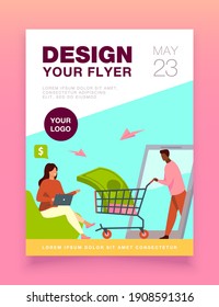 Cliente bancario recibiendo préstamos en línea. Carro de trigo con dinero de la pantalla del gadget a la mujer ilustración vectorial plana. Finanzas, concepto de dinero para banner, diseño de sitio web o página web de aterrizaje