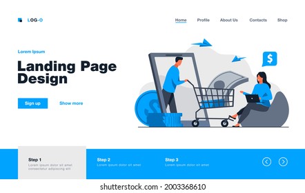 Bank customer getting loan online. Man wheeling cart with cash from gadget screen to woman flat vector illustration. Finance, money concept for banner, website design or landing web page