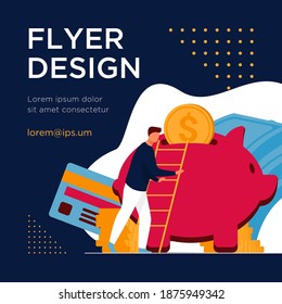 Bank customer saving money. Man with credit card, heap of cash and piggy bank flat vector illustration. Finance, banking, deposit concept for banner, website design or landing web page