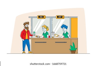 Bank Customer Service, Account Management and Financial Affairs Concept. Woman Bank Operator Character Sitting at Desk Communicate with Man Client Changing Money. Linear People Vector Illustration