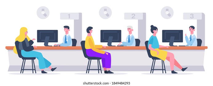 Bank customer service. Clients and financial consultants, customers getting financial agreement. Bank credit department vector illustration. Employee analyst consulting people at office