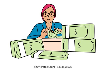 Bank customer service is counting money.  Vector cartoon illustration