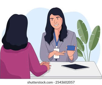 Bank Customer Service in a meeting with cutomer offering credit card illustration