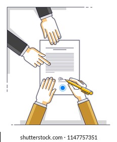 Bank customer write a sign on financial form of money credit with employee helps him and explains the terms of loan or Businessman signs contract paper, top view of desk with people hands. Vector.