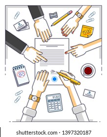 Bank customer write a sign on financial form of money credit with employees helps him and explains the terms of loan or Businessman signs contract paper, top view of desk with people hands. Vector.