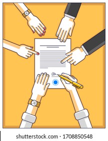 Bank customer write a sign on financial form of money credit with employees helps him and explains the terms of loan or Businessman signs contract paper, top view of desk with people hands. Vector.