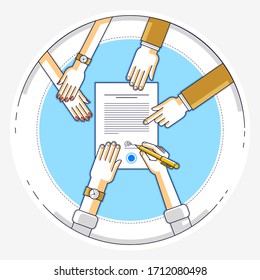 Bank customer write a sign on financial form of money credit with employees helps him and explains the terms of loan or Businessman signs contract paper, top view of desk with people hands. Vector.