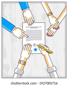 Bank customer write a sign on financial form of money credit with employees helps him and explains the terms of loan or Businessman signs contract paper, top view of desk with people hands. Vector.