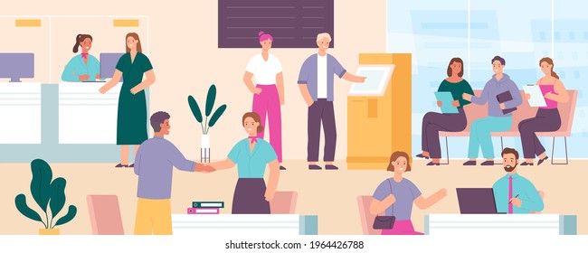 Bank with customers. Cashier, credit department, ATM, manager desk, reception and waiting area with clients talk to workers, vector concept. Staff specialists assisting and consulting clients