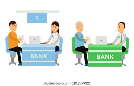 Bank Customers And Staff Serving Clients Vector Illustration Set