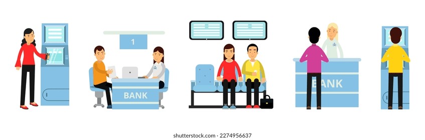 Bank Customers and Staff Serving Clients Vector Illustration Set