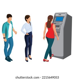 Bank customers stand near ATM or cash machine. ATM or automated teller or cash machine clients.