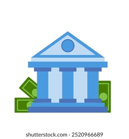 Banco, banco lindo con forma simple, estilo de dibujos animados para niños. Facturas, dinero. Ilustración plana de Vector.