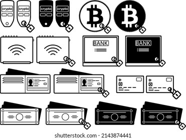 bank data protection, cryptocurrency, credit card, wallet, cash, wifi connection flat color black and white icon set