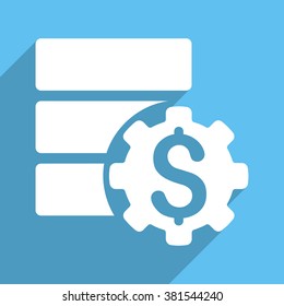 Bank Database Options long shadow vector icon. Style is a white flat symbol on a light-blue square background.