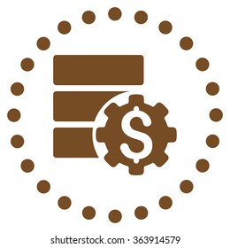 Bank Database Options vector icon. Style is flat circled symbol, brown color, rounded angles, white background.