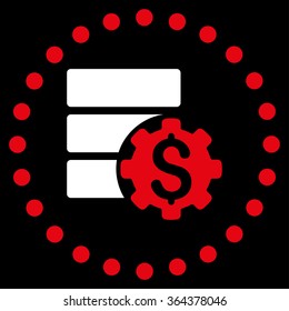 Bank Database Options vector icon. Style is bicolor flat circled symbol, red and white colors, rounded angles, black background.