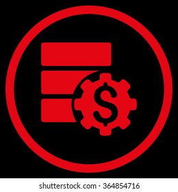 Bank Database Options vector icon. Style is flat circled symbol, red color, rounded angles, black background.