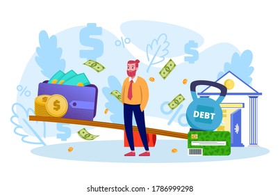 Bank debt, money loans and credit payments in crisis economy flat vector illustration. Sad businessman and bankruptcy, finance problems. Banking and finance deficit risk symbol. Country loan crisis.