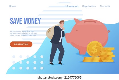 Bank deposit advertising landing page with place for text vector flat illustration. Business man carrying huge sack full of cash money for banking financial storage service. Investment internet promo