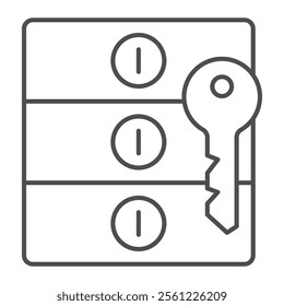 Bank deposit containers with key thin line icon, bank account concept. Vector graphics. Safe box and key sign on white background, outline style icon for mobile or web design