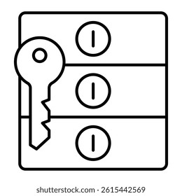 Bank deposit containers with key thin line icon, bank account concept. Vector graphics. Safe and key, storage sign on white background, linear style for mobile or design