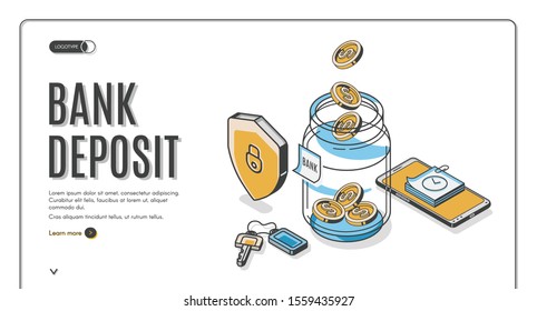 Bank deposit isometric landing page, dollar coins falling to glass jar with shield, keys and mobile phone around, investment increase money saving business. 3d vector illustration, line art web banner