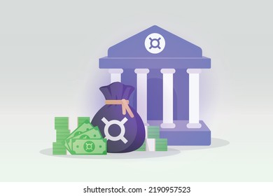 Bank deposit and money bag and banknote illustration with any currency sign. Any currency symbol. money saving and bank transfer service icon concept.